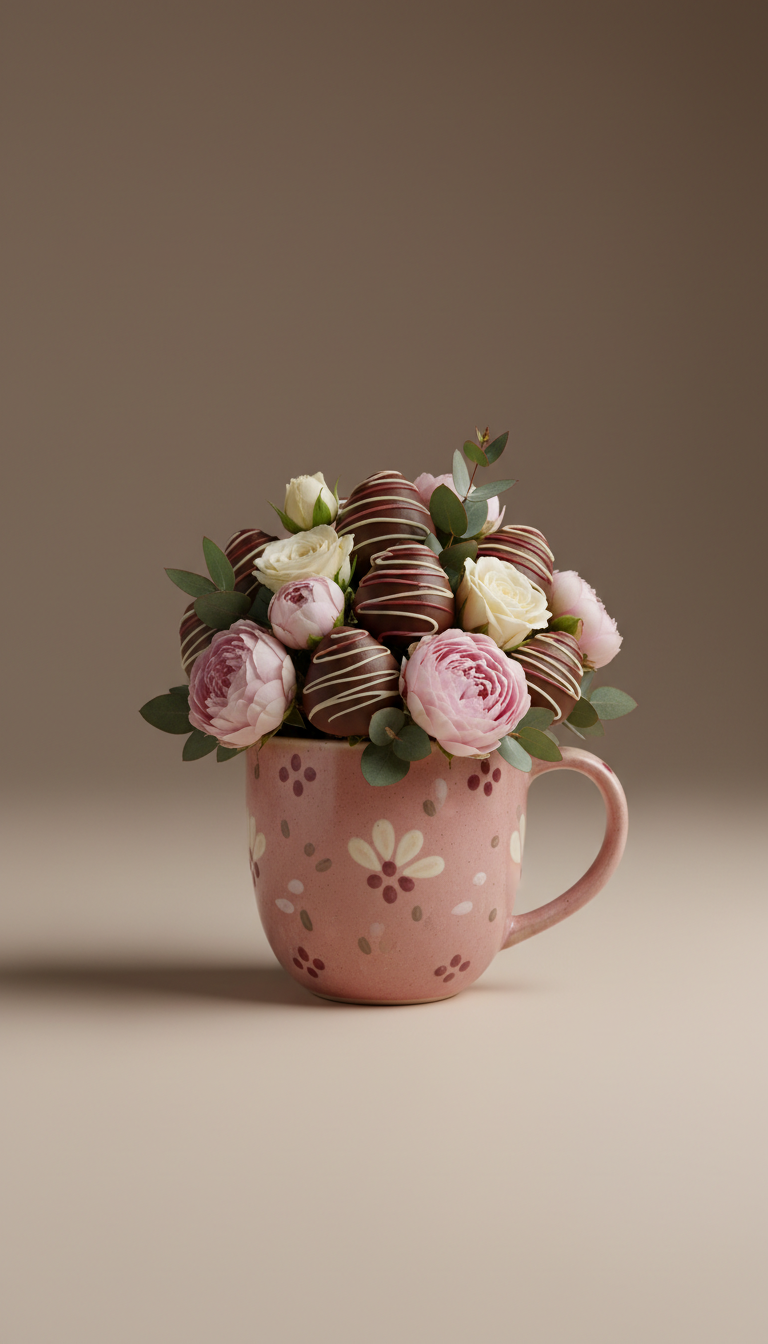 Decorative mug with strawberries and flowers